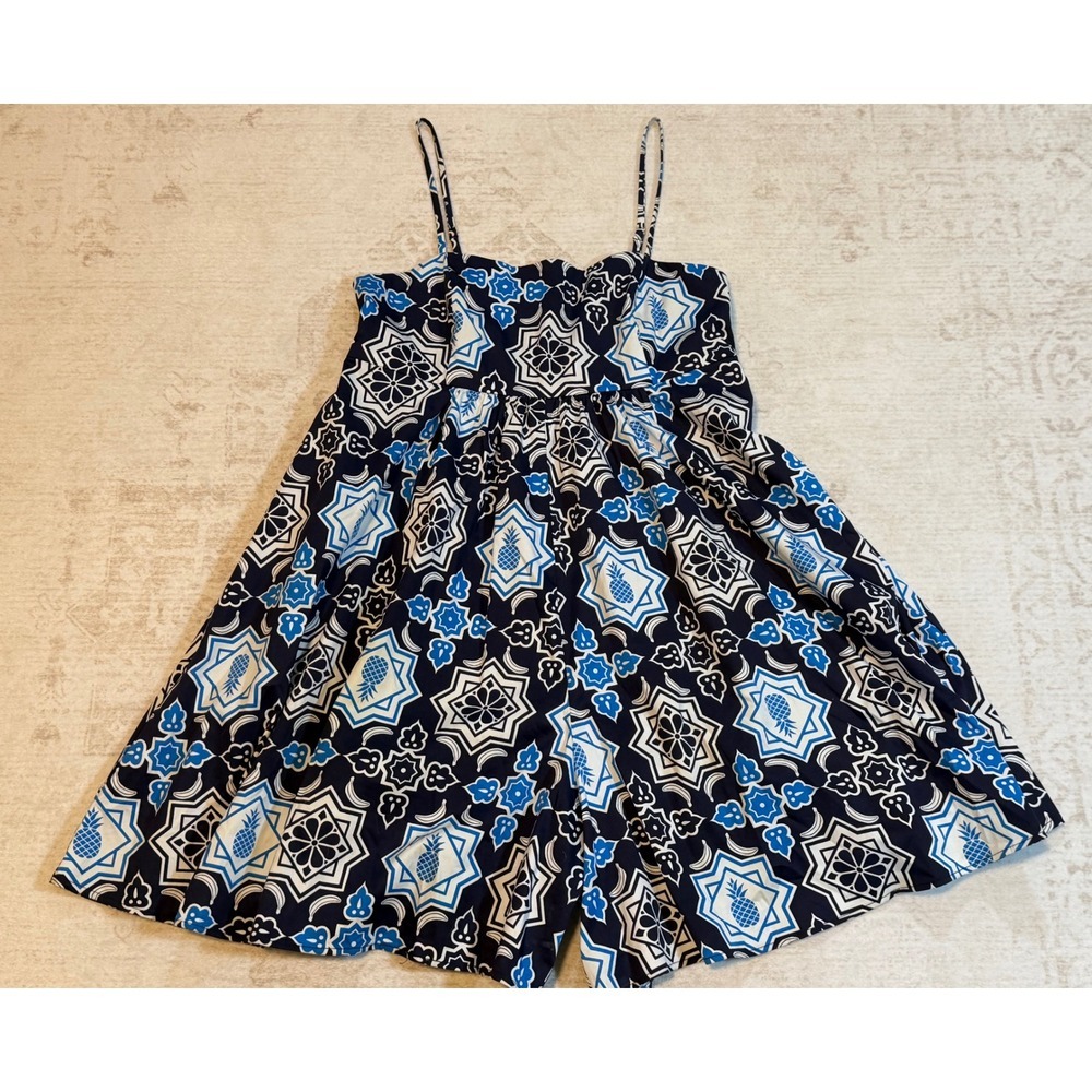 Anthropologie Hutch Blue White Geometric Romper Smocked Back Sleeveless